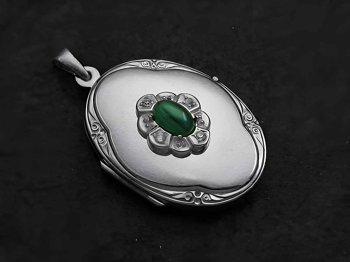 Malachit grüner Medaillon Cabochon aus Sterling Silber mit Brillanten, Hersteller Juwelier Harnisch, elegantes Design und detailreiche Verarbeitung, ideal für Schmuckliebhaber.