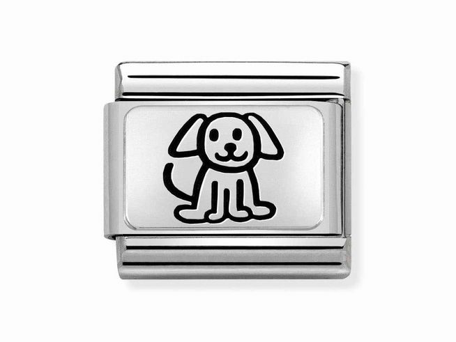 433010952-0 Hund Charm aus Nomination Classic Sterling Silver oxid mit der Artikelnummer 330109 52, Hersteller: Nomination, SilverShine, zeigt eine niedliche Hundedarstellung auf einem silbernen Anhänger.