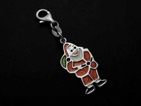 Weihnachtsmann Charms Silber Anhänger rhodiniert mit Karabiner, detailreiche Ausführung in rot und grün, ideal für weihnachtliche Schmuckkreationen, Hersteller Juwelier Harnisch.