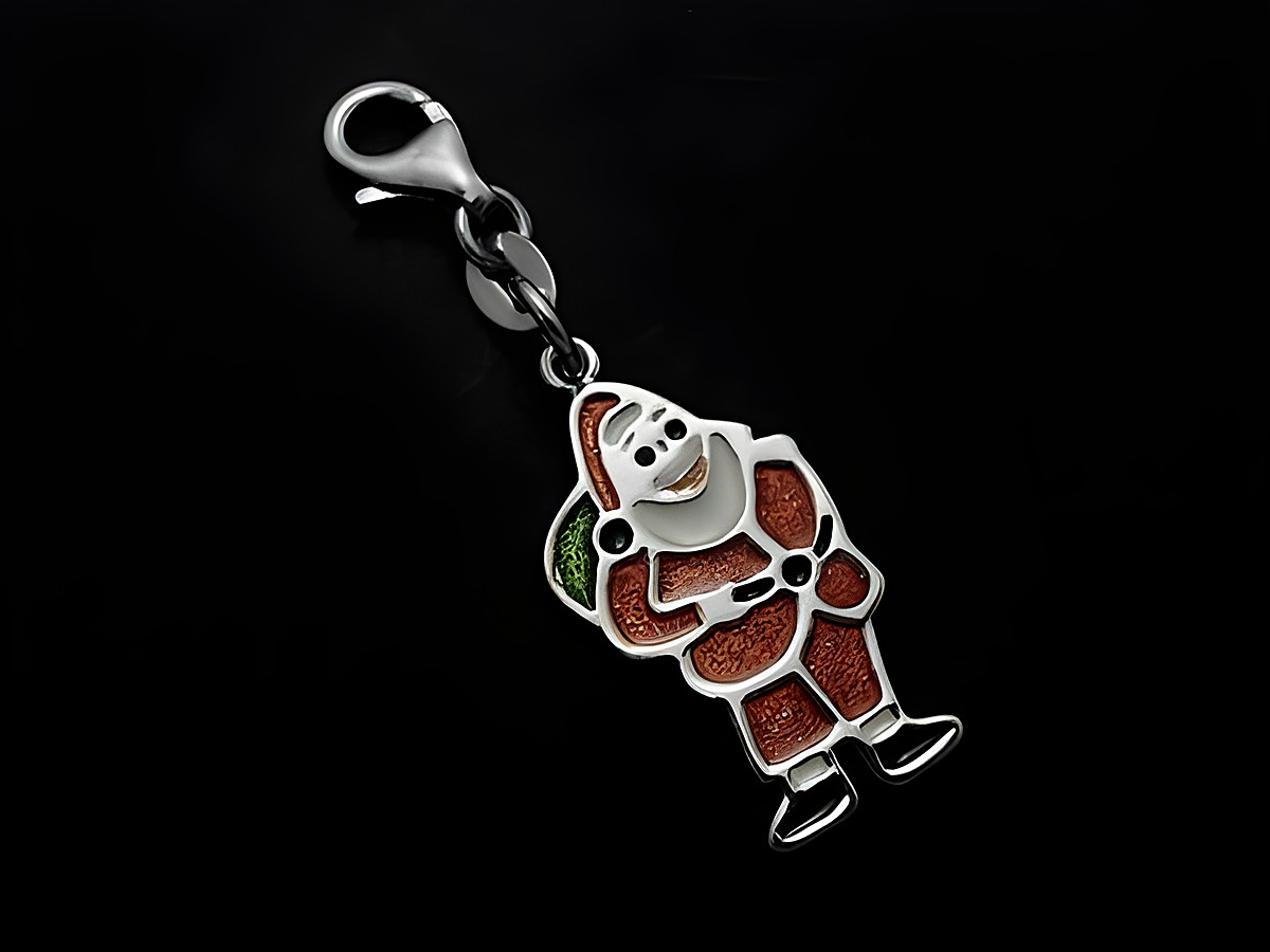 Weihnachtsmann Charms Silber Anhänger rhodiniert mit Karabiner, detailreiche Ausführung in rot und grün, ideal für weihnachtliche Schmuckkreationen, Hersteller Juwelier Harnisch.