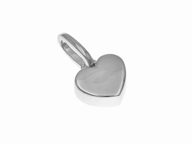 Anhänger aus Sterling Silber in Herzform, poliert und rhodiniert, hergestellt von Juwelier Harnisch, plastisch gestaltet und glänzend. Ein zeitloses Schmuckstück für jeden Anlass.