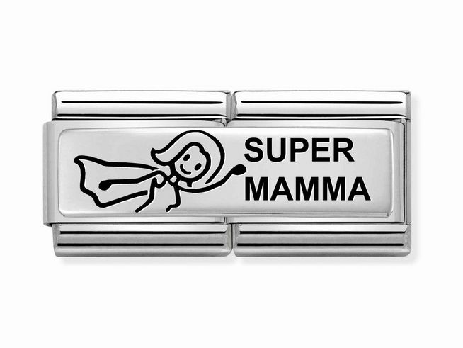 Nomination Classic Sterling Silver DOUBLE 330710 37 mit der Aufschrift SUPER MAMMA und einem stilisierten Zeichentrickbild einer Superheldin, ideal für persönliche Armbänder.