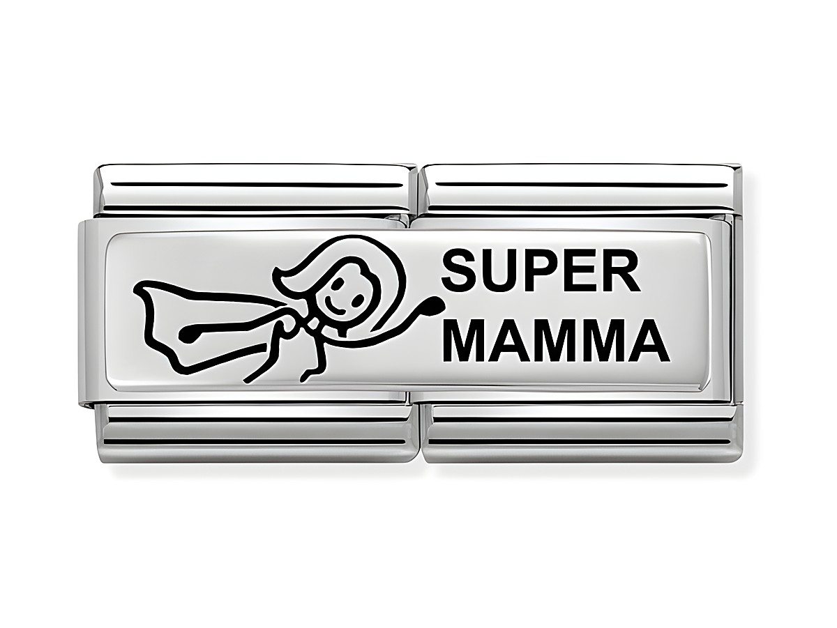 Nomination Classic Sterling Silver DOUBLE 330710 37 mit der Aufschrift SUPER MAMMA und einem stilisierten Zeichentrickbild einer Superheldin, ideal für persönliche Armbänder.