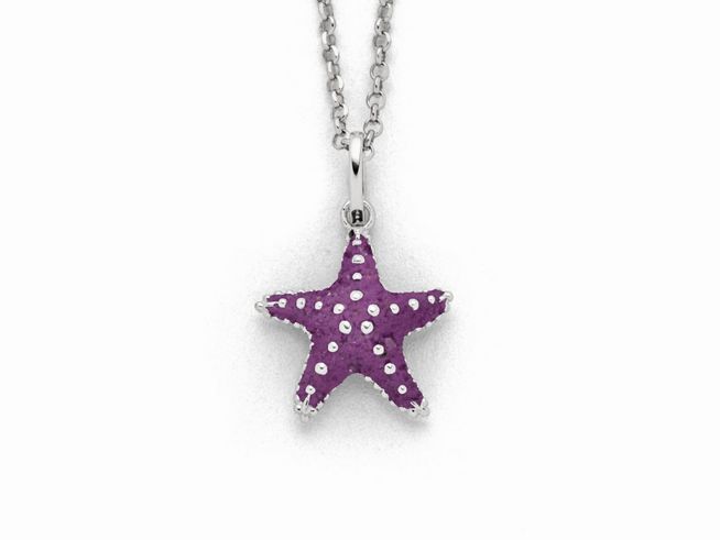 Hochwertige Sterling Silber Kette mit einem lila Seestern-Anhänger aus Steinsand, verziert mit kleinen silbernen Punkten, ideal für einen maritimen Look.