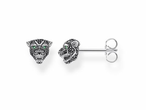 Thomas Sabo Ohrstecker H2110-845-11 in Silber mit schwarzem Pantherdesign und grünen Details, elegant und auffällig, ideal für jeden Anlass.