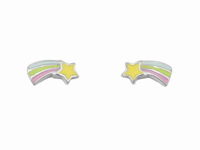 Ohrringe Ohrstecker Sternschnuppe aus rhodiniertem Sterling Silber, farbenfroh mit gelbem Stern und Regenbogenmotiven, geeignet für Kinder, Hersteller Juwelier Harnisch.