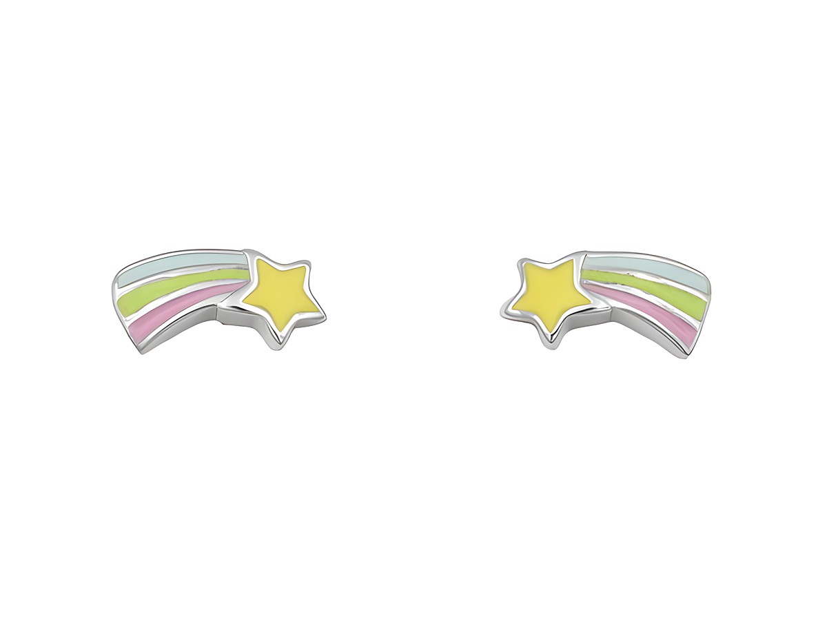 Ohrringe Ohrstecker Sternschnuppe aus rhodiniertem Sterling Silber, farbenfroh mit gelbem Stern und Regenbogenmotiven, geeignet für Kinder, Hersteller Juwelier Harnisch.