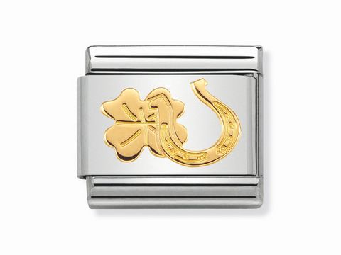Classic Hufeisen mit Kleeblatt in Gold auf einem silbernen Hintergrund, Hersteller Nomination, dekorativer Charm für Armbänder.