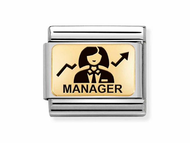 Charm der Marke Nomination Classic Gold in Edelstahl und Gold 585 mit dem Motiv einer Managerin und dem Schriftzug Manager sowie einem aufsteigenden Diagramm.