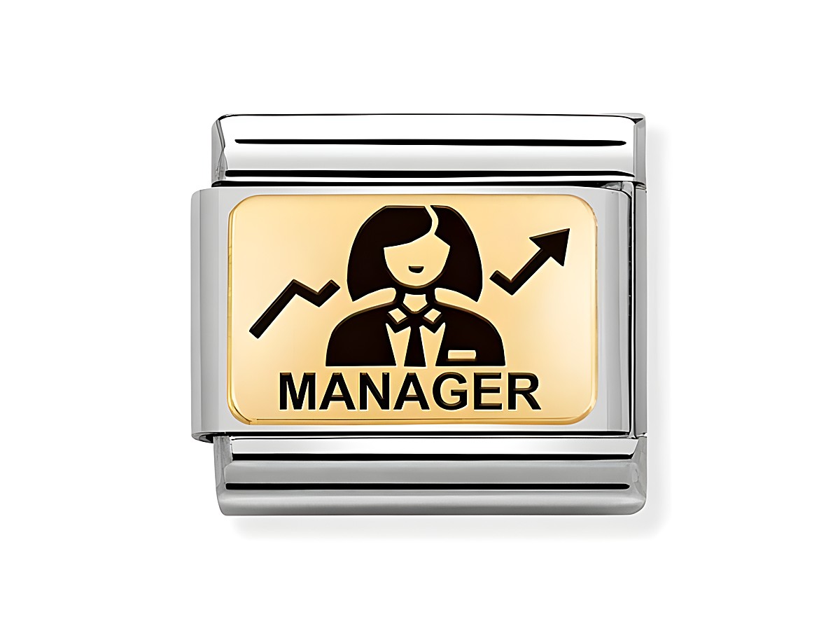 Charm der Marke Nomination Classic Gold in Edelstahl und Gold 585 mit dem Motiv einer Managerin und dem Schriftzug Manager sowie einem aufsteigenden Diagramm.