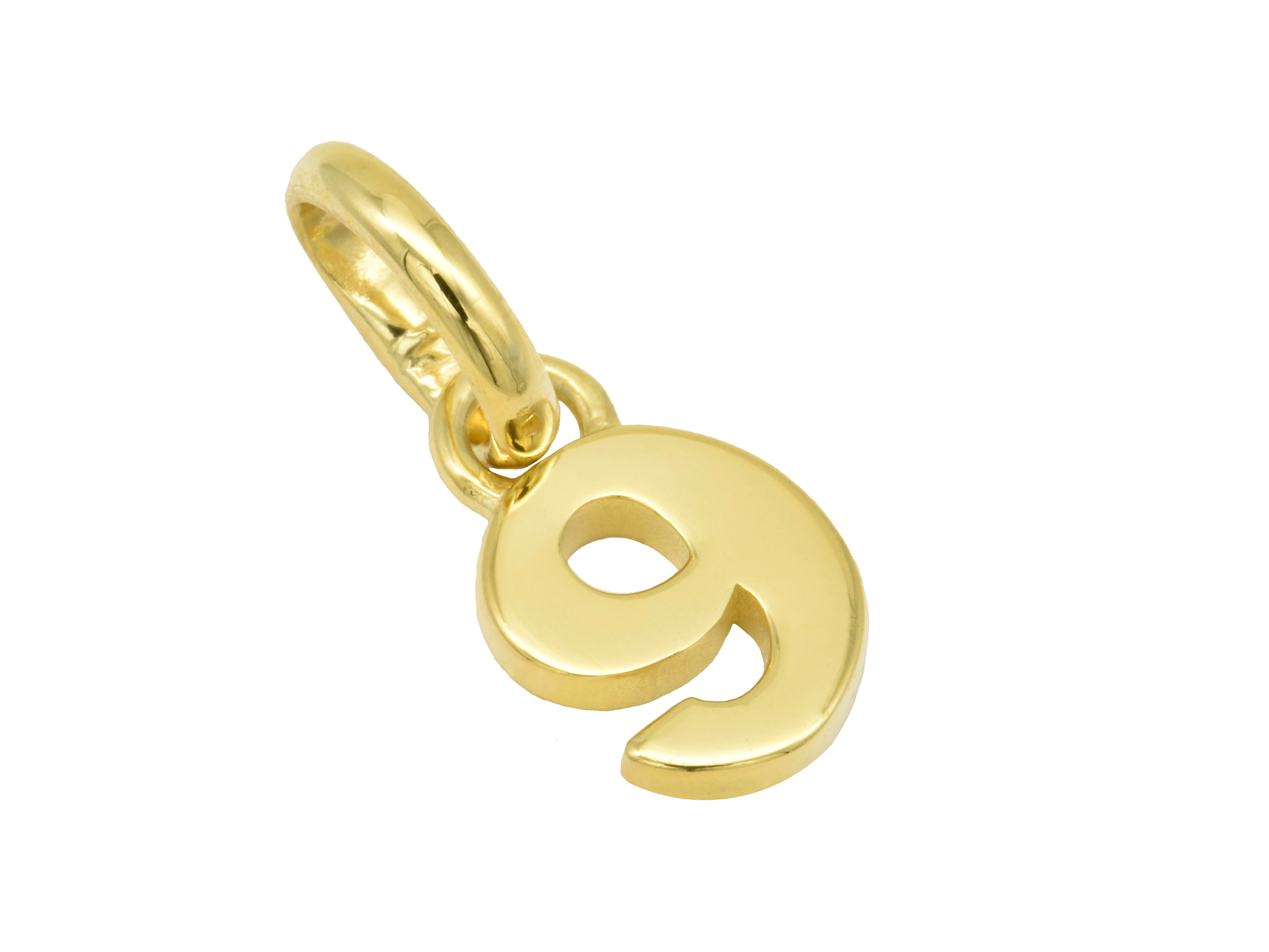 Gold Anhänger in der Form der Zahl 9, aus 585 Gelbgold, poliert, symbolisiert Glückszahlen, hergestellt von Juwelier Harnisch. Ideal als Schmuckstück oder Geschenk.