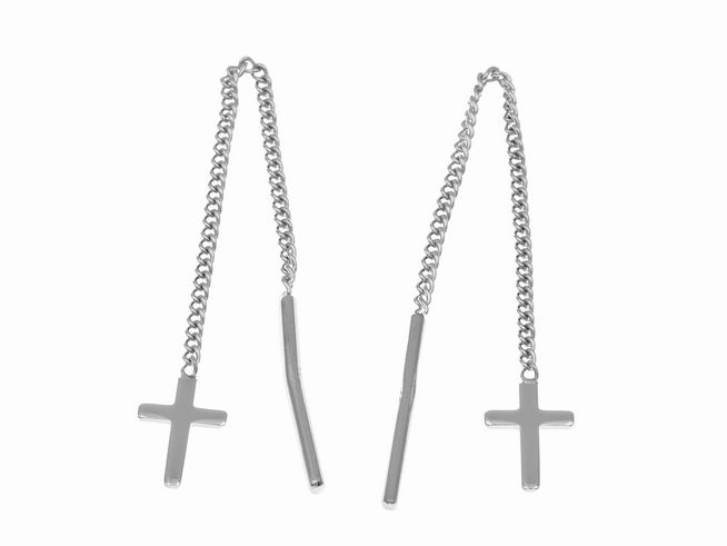 Ohrringe zum Durchziehen in Kreuzform aus rhodiniertem Sterling Silber, Hersteller Juwelier Harnisch, Ohrhänger ohne Stein, elegant und modern im Design.