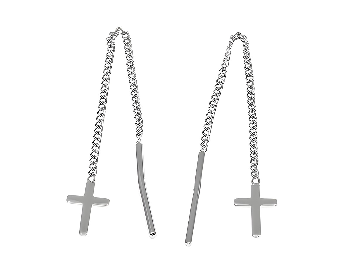 Ohrringe zum Durchziehen in Kreuzform aus rhodiniertem Sterling Silber, Hersteller Juwelier Harnisch, Ohrhänger ohne Stein, elegant und modern im Design.