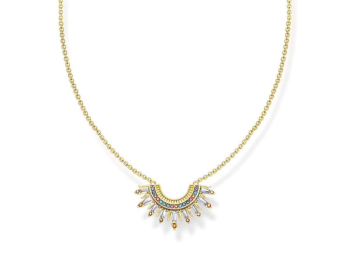 Silberne und vergoldete Kette von Thomas Sabo mit buntem Anhänger im Festival Vibes Stil, Länge von 40 bis 45 cm.