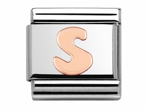 Classic Buchstabe S in Roségold auf silbernem Träger von Nomination. Ideal für individuelle Armbänder, hochwertige Verarbeitung und modernes Design, für jeden Anlass geeignet.