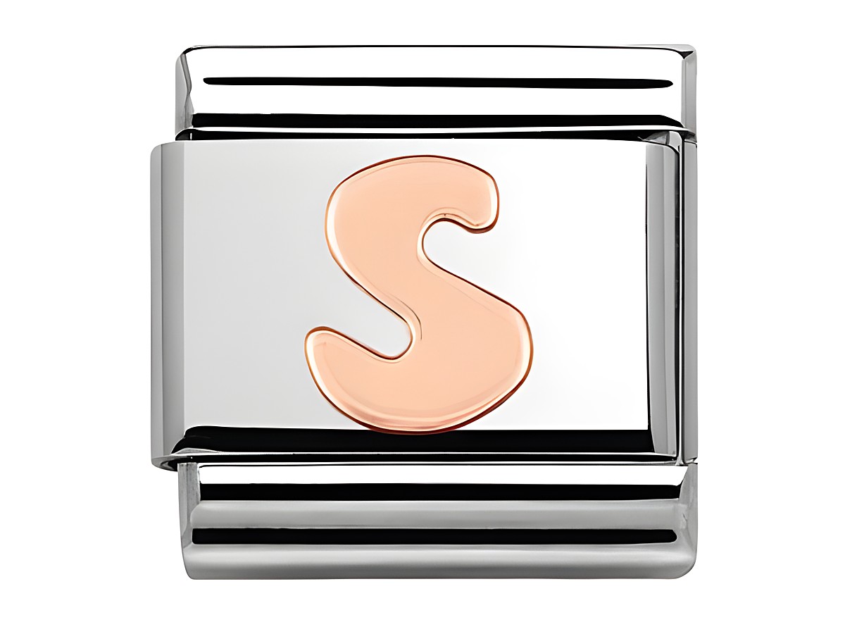 Classic Buchstabe S in Roségold auf silbernem Träger von Nomination. Ideal für individuelle Armbänder, hochwertige Verarbeitung und modernes Design, für jeden Anlass geeignet.