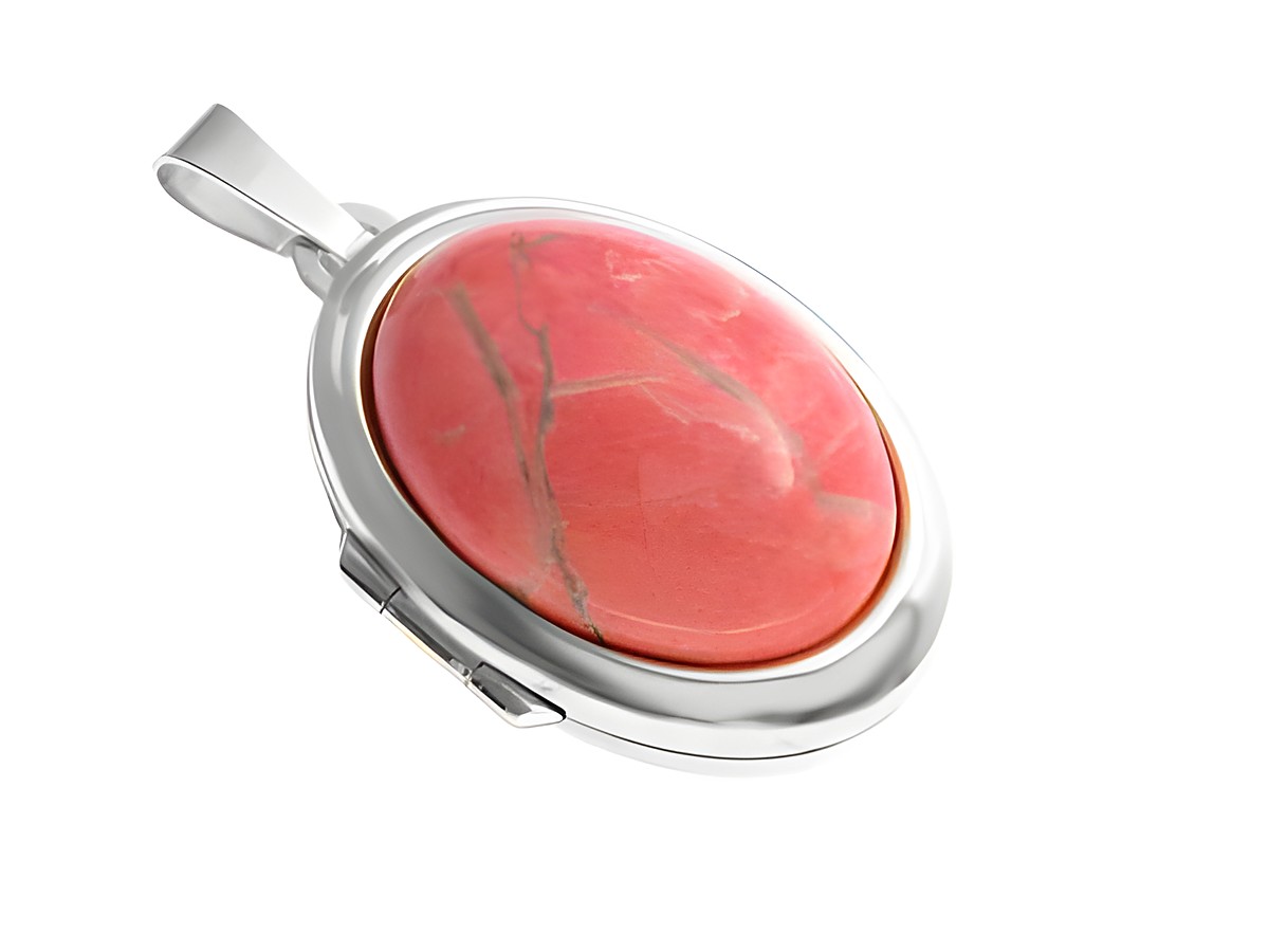 Ein rhodiniertes Sterling Silber Medaillon mit einem ovalen Howlith Cabochon in zarten Rosatönen und feinen Linien, gefertigt von Juwelier Harnisch.