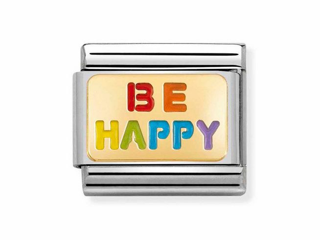 Nomination Classic Gelbgold 030263 18 mit buntem Emaille-Anhänger, der die Worte Be happy in fröhlichen Farben zeigt, ideal für persönliche Schmuckstücke und positive Botschaften.