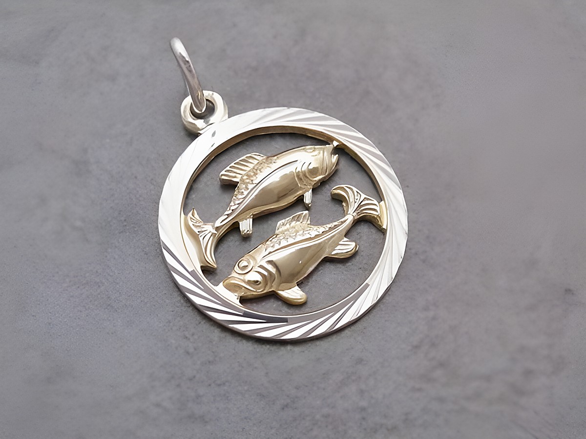 Zwei stilisierte Fische in Silber und Gold, umgeben von einem runden Rahmen mit gedrehtem Muster, designet von Juwelier Harnisch für das Sternzeichen Fische.