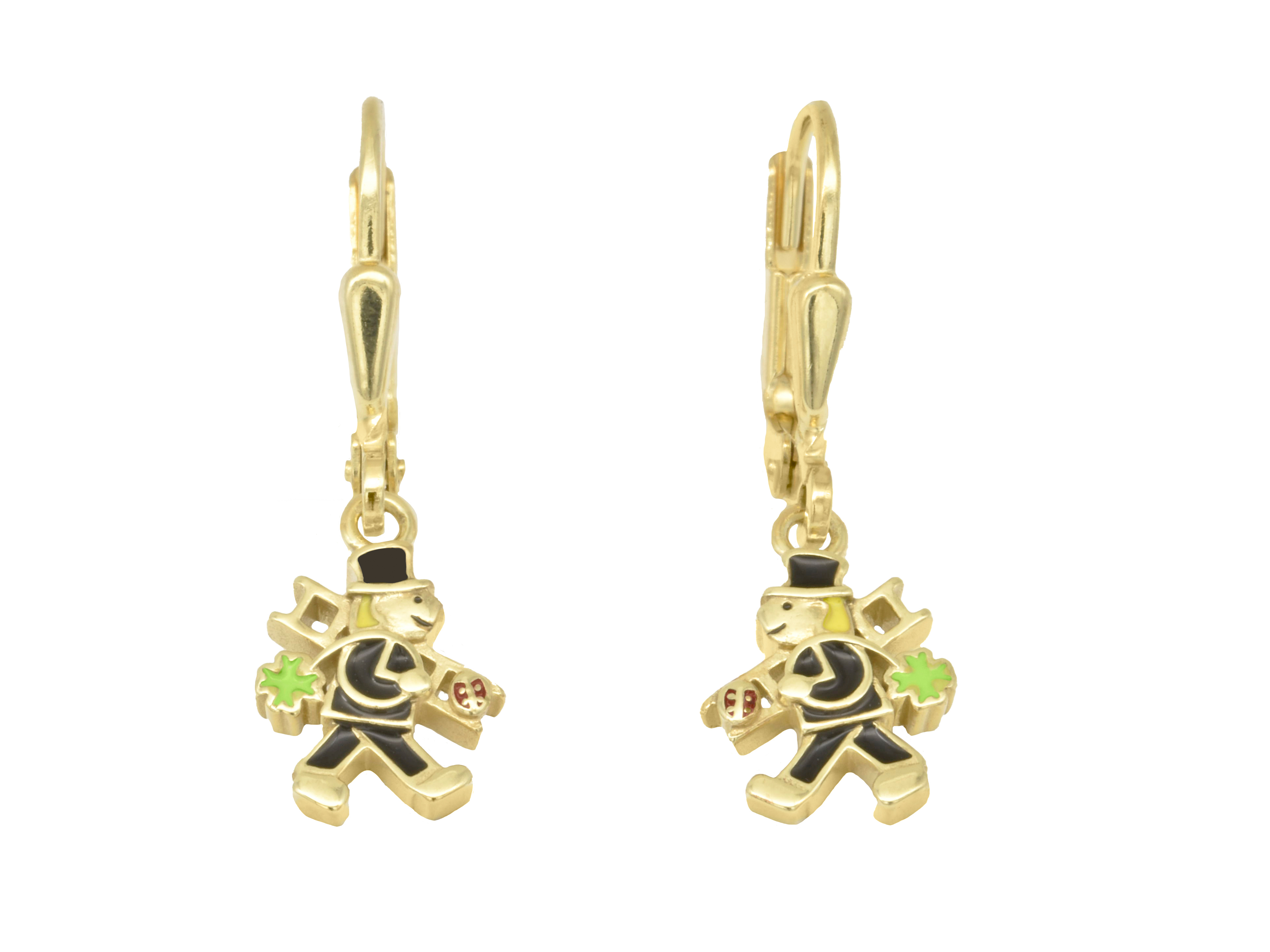 Silber Ohrringe Ohrhänger in Form eines Schornsteinfegers aus Sterling Silber, vergoldet und poliert, geeignet für Kinder, hergestellt von Juwelier Harnisch.