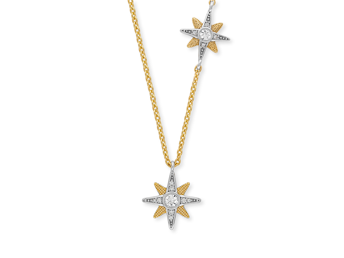 Kette von Engelsrufer mit Anhänger im Design eines Sterns, bicolor aus gelbgoldverziertem Silber und Zirkonia-Steinen, Länge 40 cm. Elegant und funkelnd, ideal für alle Anlässe.