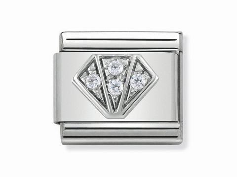 Silberner Nomination Classic Diamant mit weißen Zirkonia, designet mit einem eleganten Diamantmotiv, geeignet für die individuelle Armbandgestaltung.