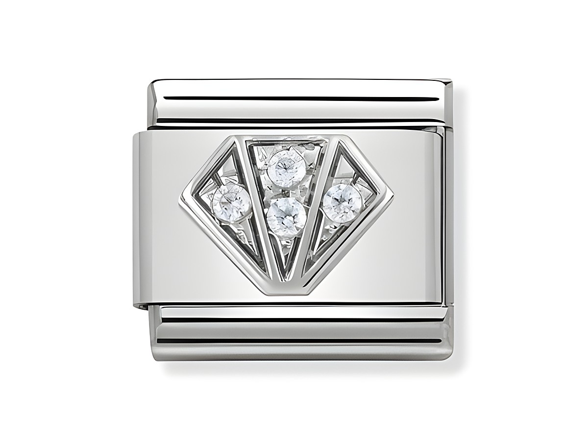 Silberner Nomination Classic Diamant mit weißen Zirkonia, designet mit einem eleganten Diamantmotiv, geeignet für die individuelle Armbandgestaltung.