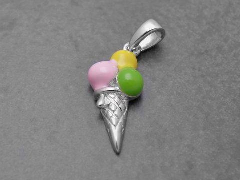 Eistüte lackiert - Sterling Silber Anhänger - Lack Rosa-Gelb-Grün, Hersteller: Juwelier Harnisch, für Kinder.