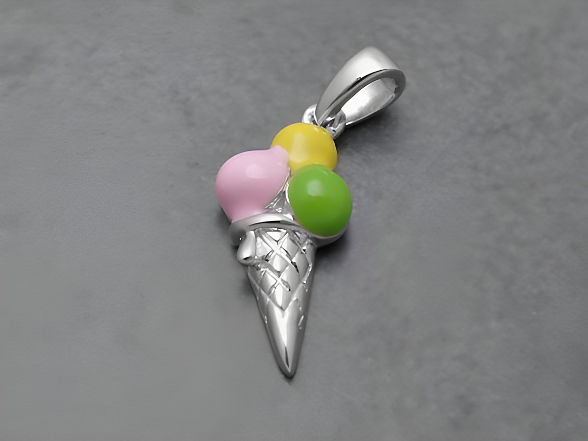 Eistüte lackiert - Sterling Silber Anhänger - Lack Rosa-Gelb-Grün, Hersteller: Juwelier Harnisch, für Kinder.