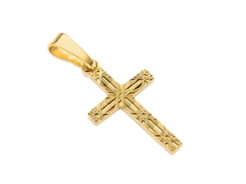 Anhänger mit Doublé Gold Auflage in Form eines Kreuzes mit feinem Muster, hergestellt von Juwelier Harnisch, ideal als modisches Accessoire oder Geschenk.
