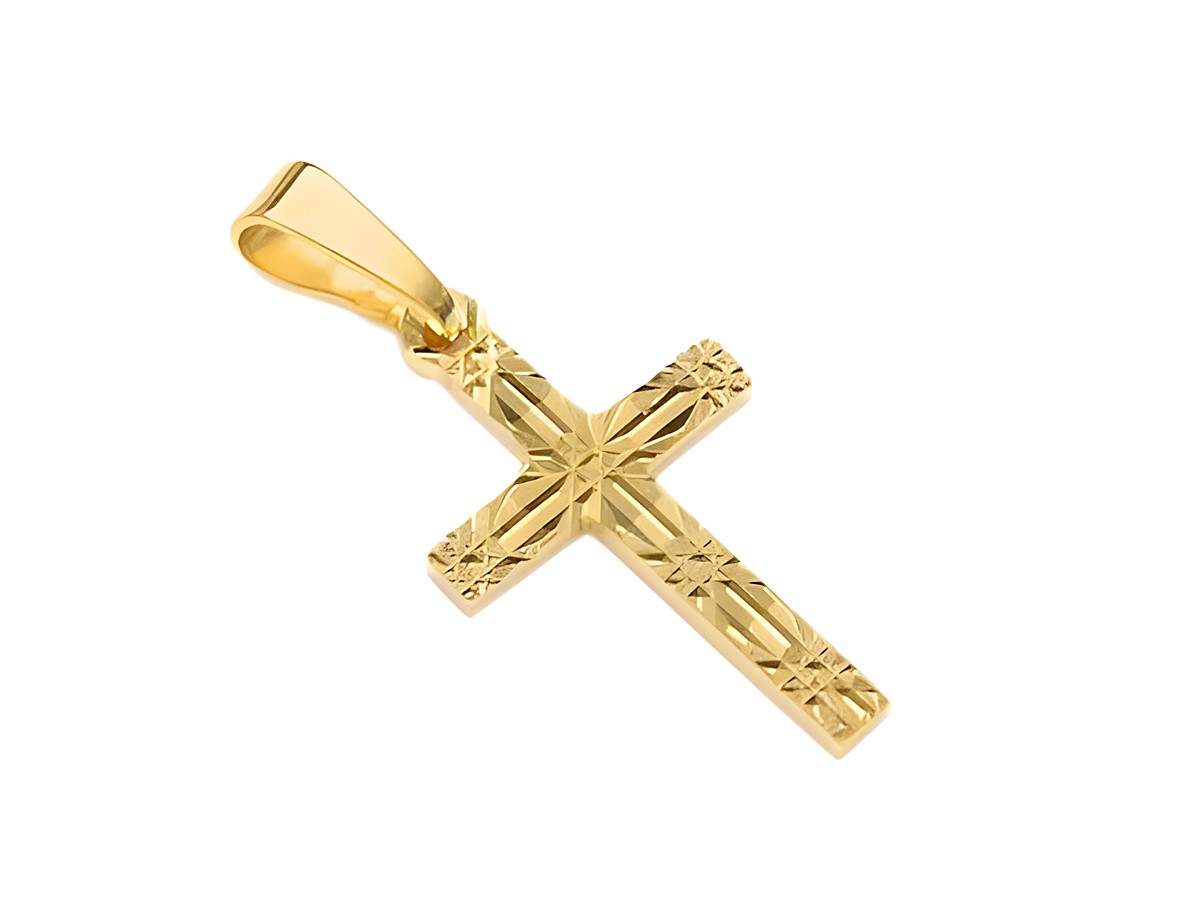 Anhänger mit Doublé Gold Auflage in Form eines Kreuzes mit feinem Muster, hergestellt von Juwelier Harnisch, ideal als modisches Accessoire oder Geschenk.