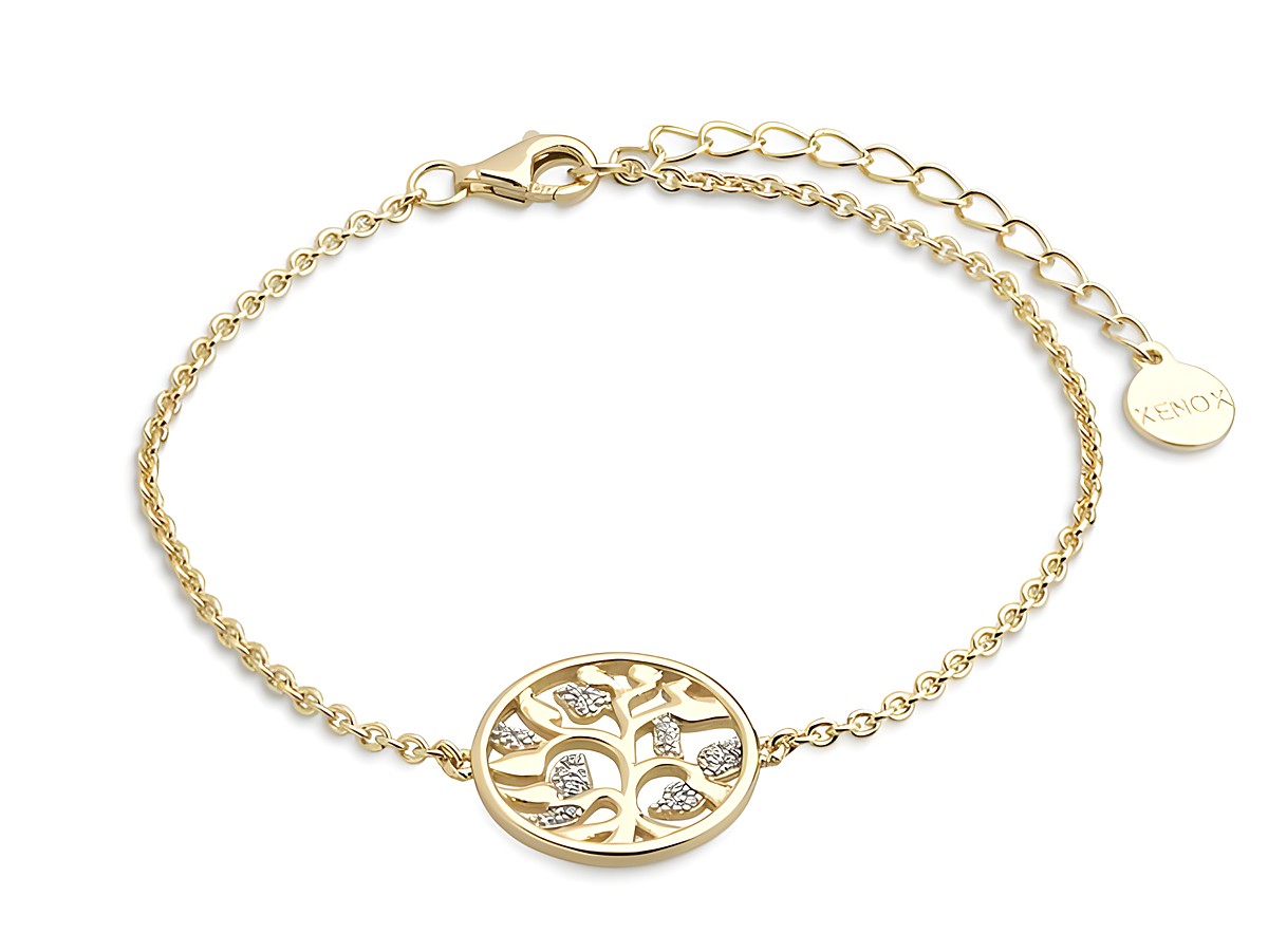 Xenox Sterling Silber Armband XS2943G mit einer vergoldeten Kareekette und Lebensbaum-Motiv, verziert mit glänzenden Elementen, verstellbar von 15 bis 20 cm.