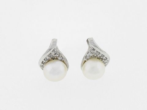 Ohrringe Silber rhod. - Perle auf Blatt - edel - Stecker, Hersteller: Juwelier Harnisch, Perlen Ohrringe mit funkelnden Details, perfekt für besondere Anlässe.