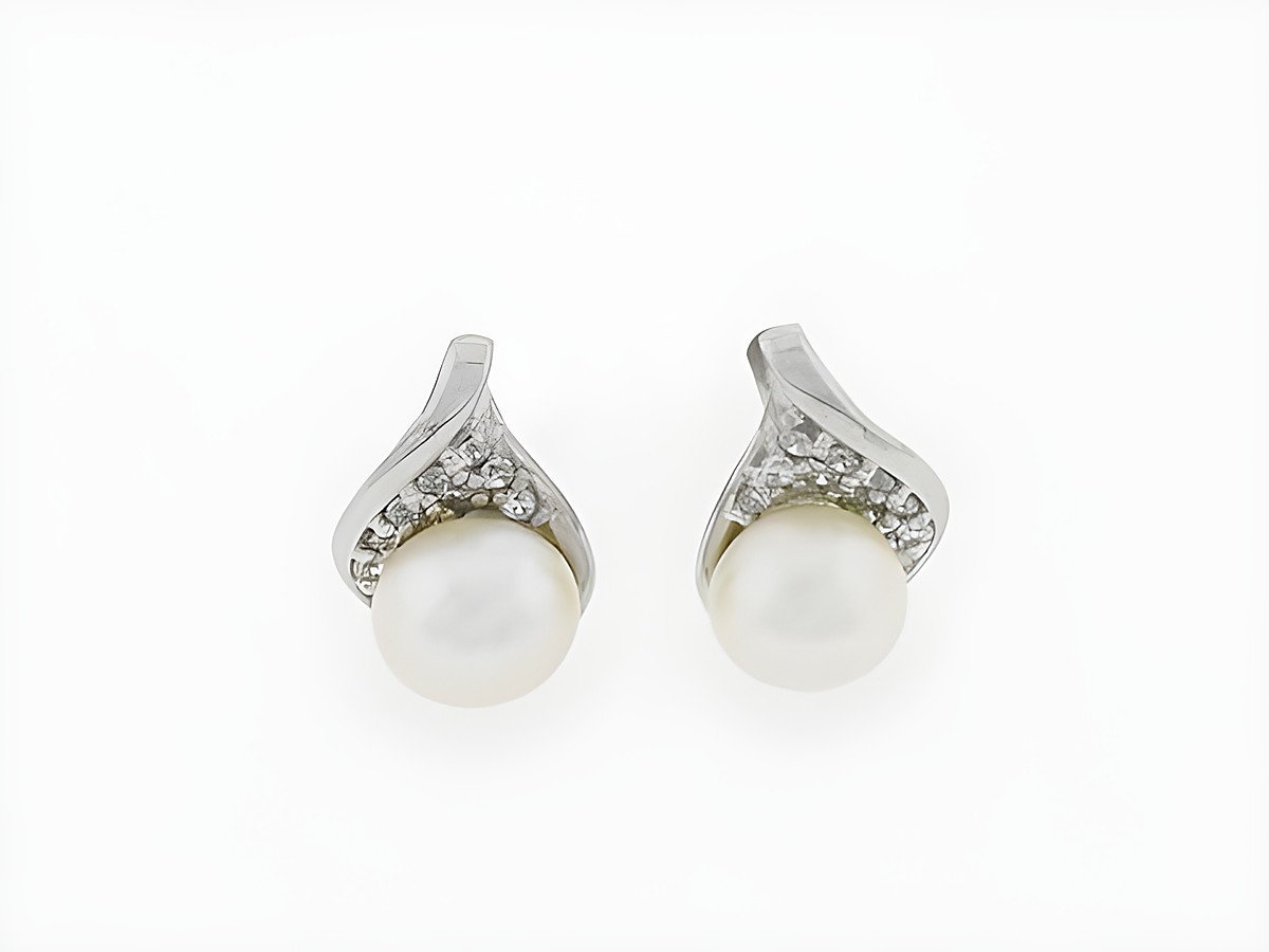 Ohrringe Silber rhod. - Perle auf Blatt - edel - Stecker, Hersteller: Juwelier Harnisch, Perlen Ohrringe mit funkelnden Details, perfekt für besondere Anlässe.