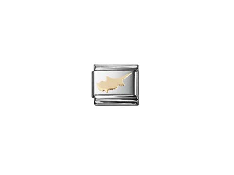 Ein silbernes Armbandglied mit einer stilisierten Darstellung der Karte von Zypern in goldfarbenem Design, passend für Nomination Classic Geographie Kollektion.