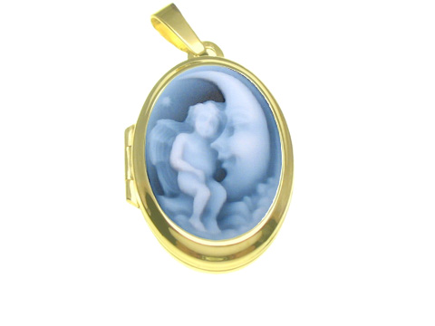 Engel im Mond Achat Gemme Medaillon aus Gold 585, gefertigt von Juwelier Harnisch, mit detaillierter Darstellung eines Engels in sanften Farben.