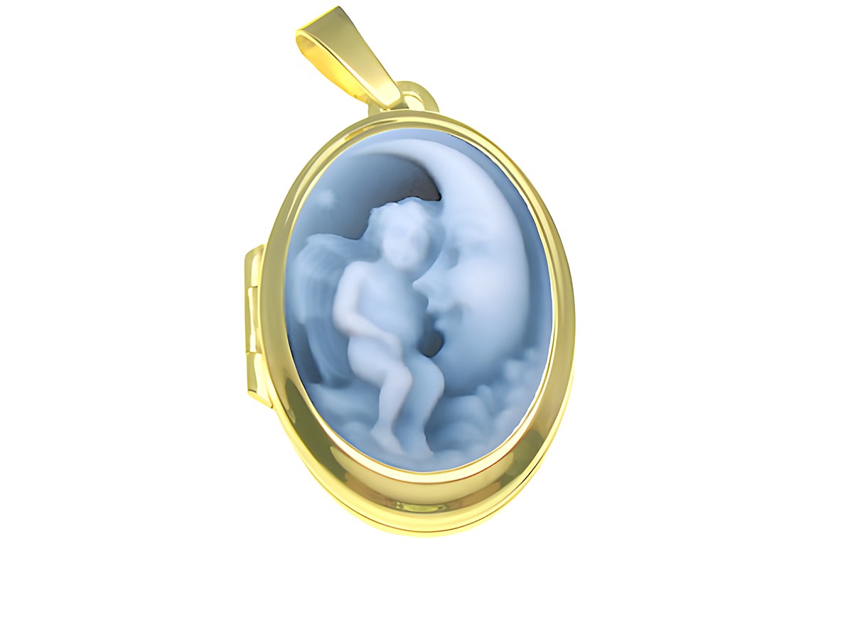 Engel im Mond Achat Gemme Medaillon aus Gold 585, gefertigt von Juwelier Harnisch, mit detaillierter Darstellung eines Engels in sanften Farben.