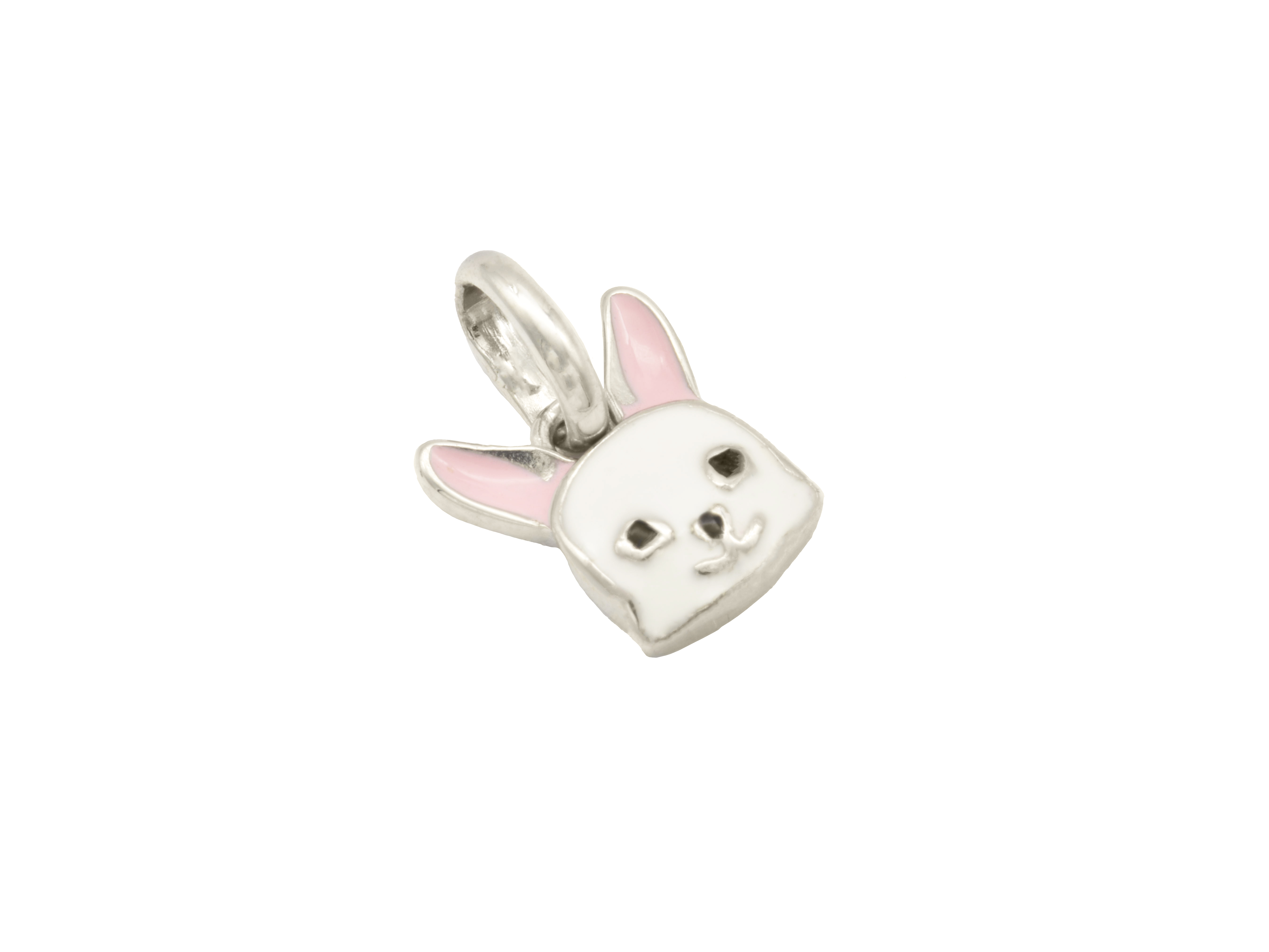 Hängehänger in Form eines Hasenkopfes aus Sterling Silber 925, rhodiniert und poliert, mit buntem Lack, idealer Kinderschmuck des Herstellers Juwelier Harnisch.