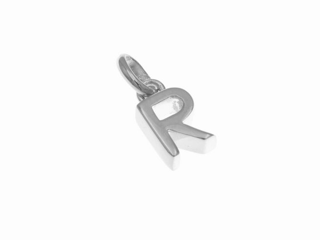 Anhänger aus poliertem rhodiniertem Sterling Silber in Form des Buchstabens R, hergestellt von Juwelier Harnisch. Elegantes Design für individuelle Akzente.