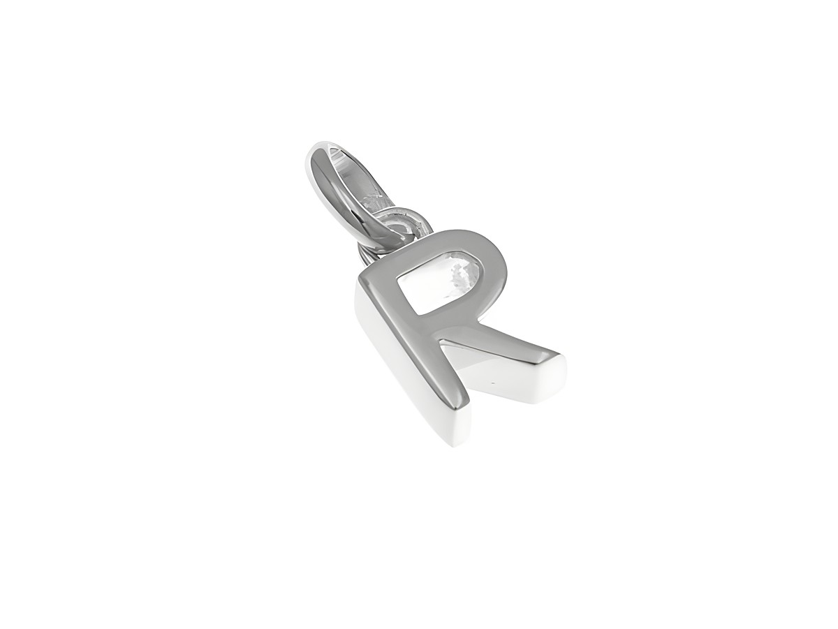 Anhänger aus poliertem rhodiniertem Sterling Silber in Form des Buchstabens R, hergestellt von Juwelier Harnisch. Elegantes Design für individuelle Akzente.