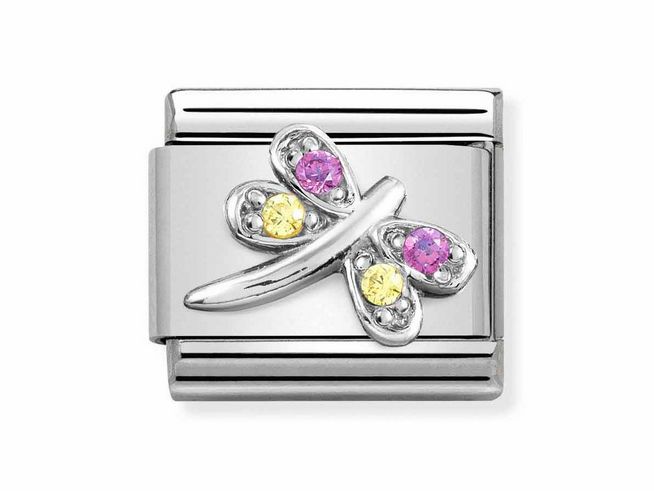433030440-0 Das Bild zeigt einen eleganten Charm aus Classic Sterling Silber mit einer Libelle aus Zirkonia in lila und gelb, gefertigt von Nomination und Silvershine Motive.