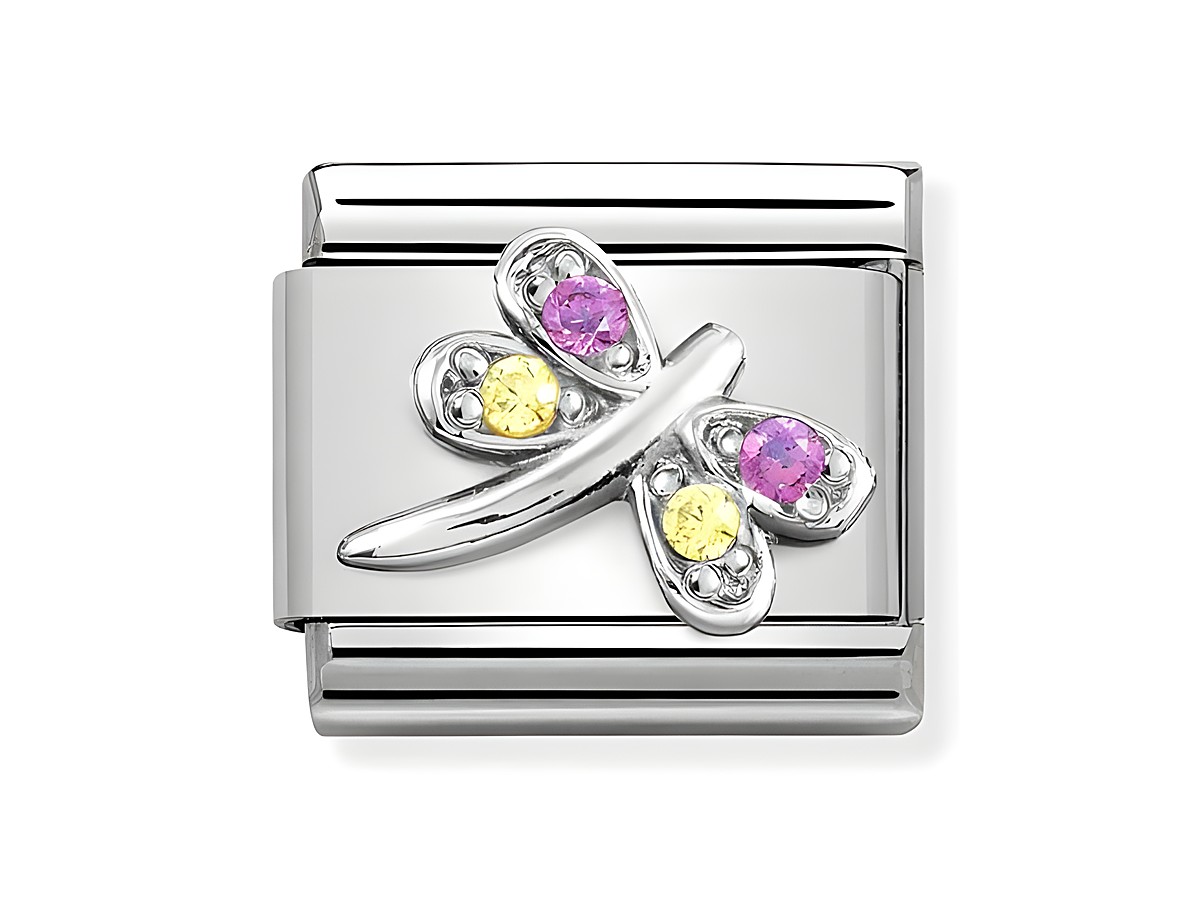 Das Bild zeigt einen eleganten Charm aus Classic Sterling Silber mit einer Libelle aus Zirkonia in lila und gelb, gefertigt von Nomination und Silvershine Motive.
