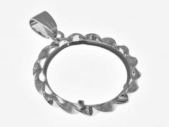 Münzfassung Anhänger aus rhodiniertem 925 Sterling Silber mit einer maximalen Münzgröße von 23 mm Durchmesser, feines florales Design, geeignet für bis zu 2,5 cm Münzen.
