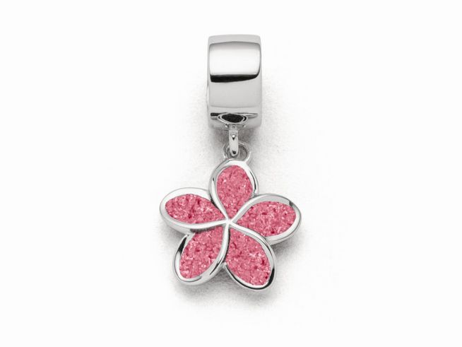 Sterling Silber Charm in Form einer Plumeria-Blüte mit rosa Steinsand in den Blütenblättern, ideal für Schmuckliebhaber. Hergestellt von DUR.