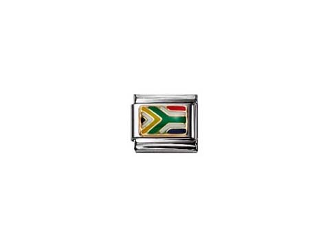 Ein charm mit dem Motiv der südafrikanischen Flagge in den Farben Grün, Gelb, Schwarz, Rot und Weiß, gefertigt von Nomination Classic Afrika, für Schmuckliebhaber.