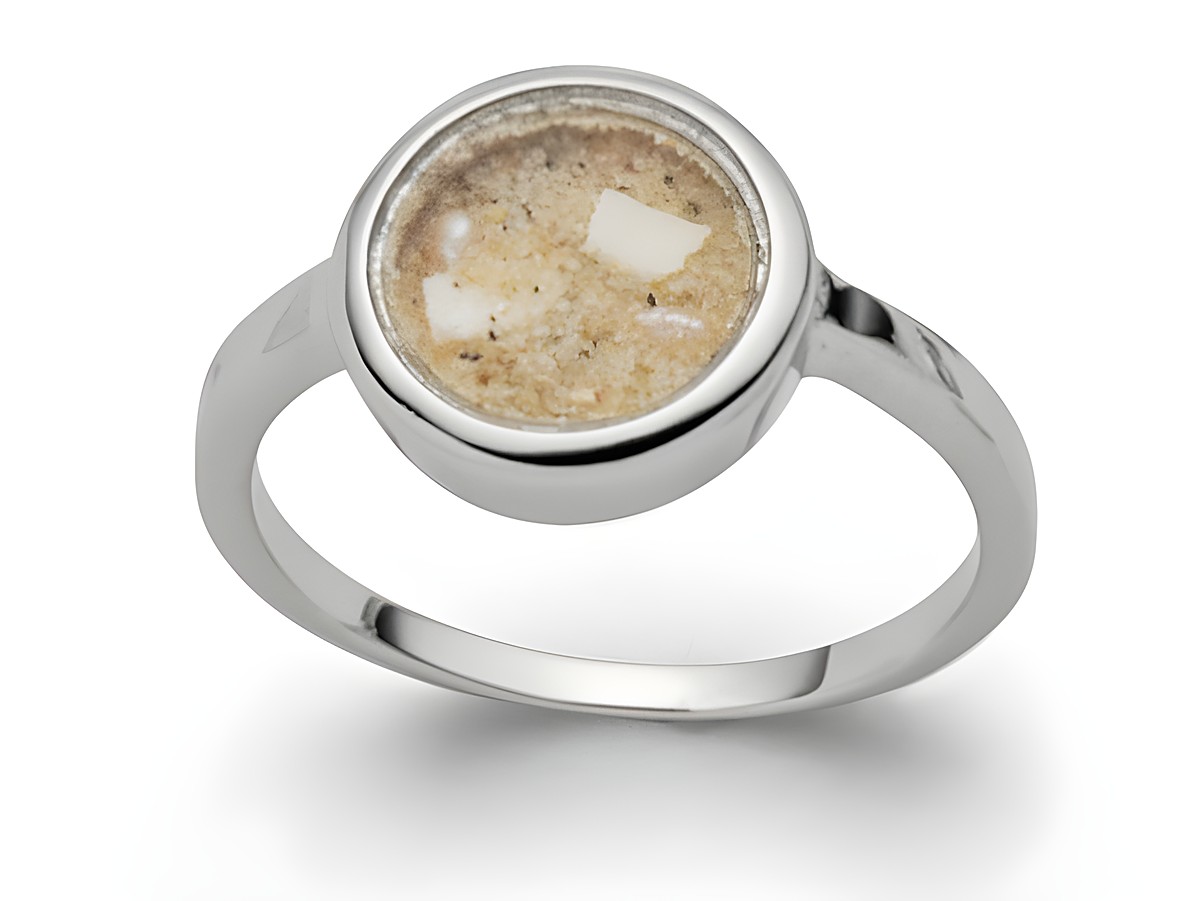 Sterling Silber Ring mit einem runden Sandsturm Design aus Strandsand und Muschel, Größe 56, elegantes und schlichtes Schmuckstück von DUR.