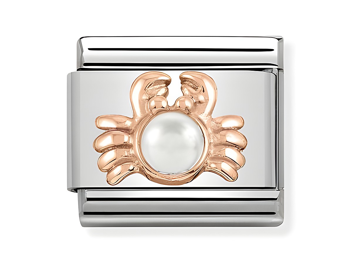 Krabbe in Roségold mit einem Perlmuttstein im Zentrum, umgeben von einem silbernen Hintergrund, designed von Nomination Classic. Schmuckstück für Armbänder.