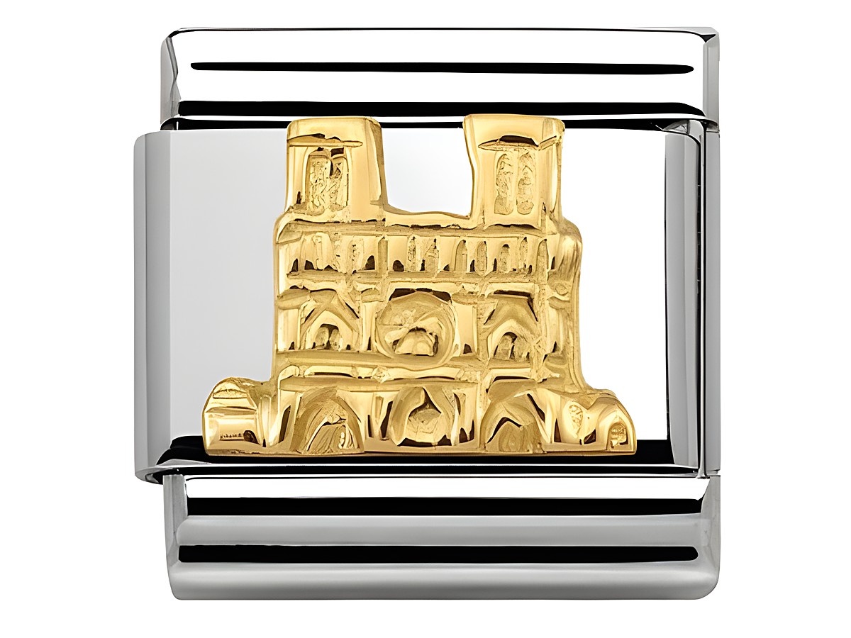 Relief einer stilisierten Darstellung der Notre Dame in gold und silber, gefertigt von Nomination, Symbolisiert Monumente und Denkmäler, ideal für den Schmuckliebhaber.