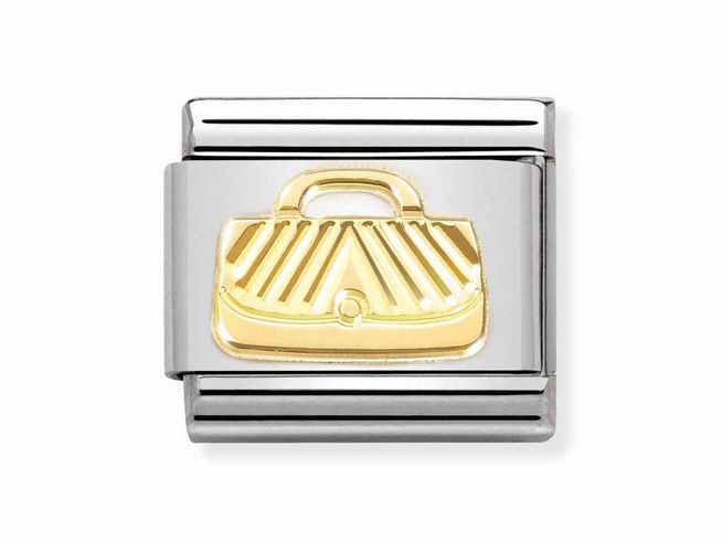 Edelstahl und Gold 750 Classic SYMBOLE von Nomination, Tasche mit diamantierter Oberfläche, glänzende goldene Handtasche auf silbernem Hintergrund.