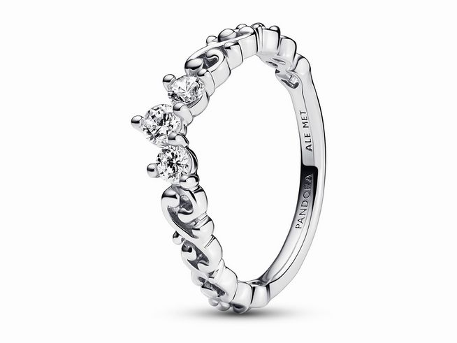 Sterling Silber Ring von Pandora im Tiara Diadem-Stil mit klaren Zirkonia, Größe 58, dekorative Steinfassung, elegantes Design für besondere Anlässe.